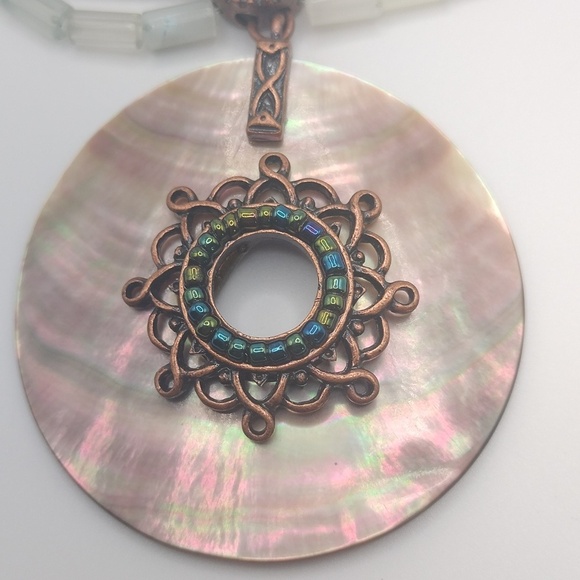 Avon Multi Strand Mother Of Pearl Bronze Pendant Necklace Boho Peasant Western - Picture 6 of 14